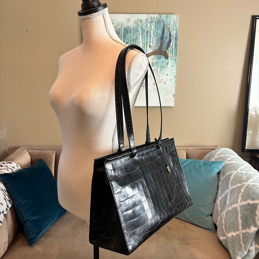 🐊 Vintage Furla Black Croc Embossed Leather Tote Reg #480297